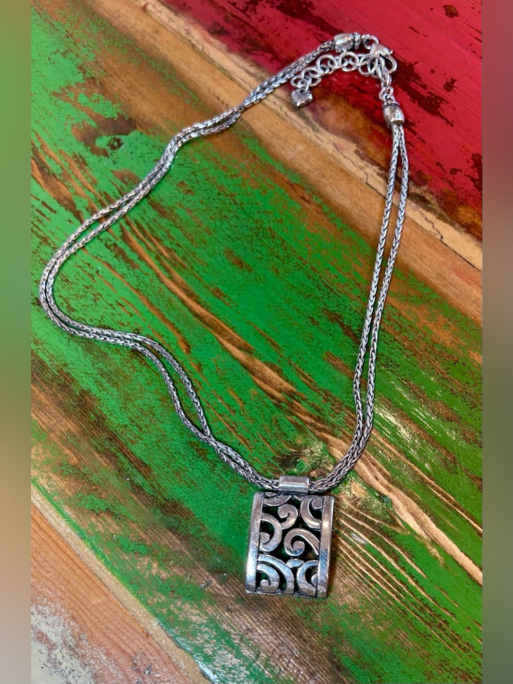 Vintage Brighton Silver Plate Deco Lace Pendant Necklace Scroll Filigree EUC